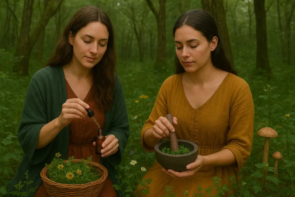 Mujeres en bosque con gotero y mortero